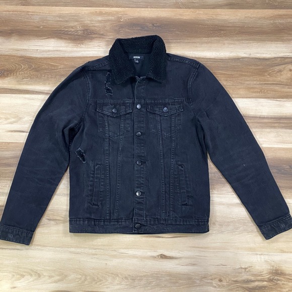 JACKSON Jackets & Blazers - Jackson‎ Denim Jacket Women M Distressed Borg Collar Cotton Blend Trucker Black